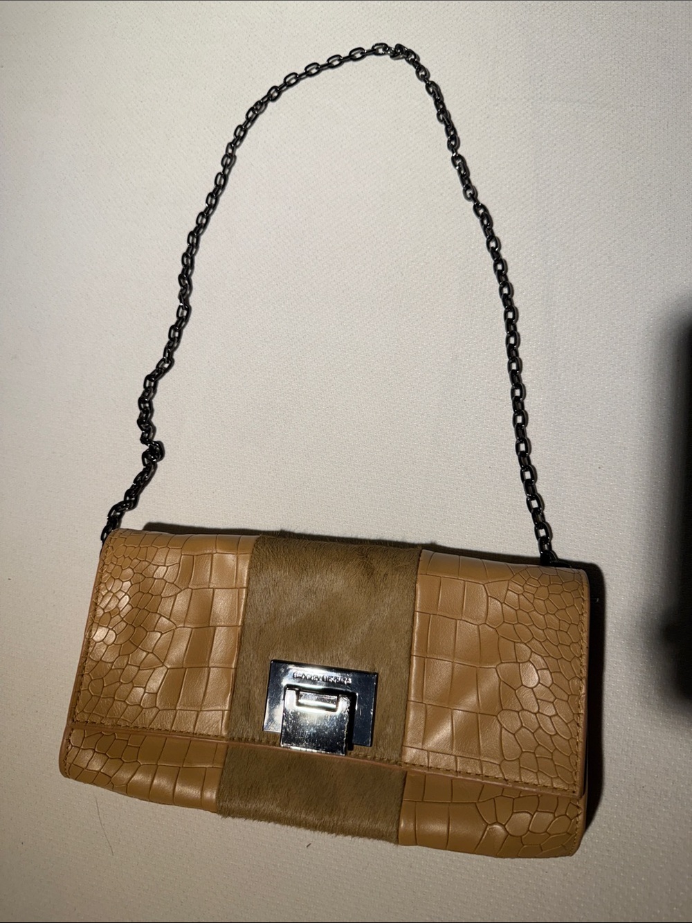 Badgley Mischka Tan Croc-Embossed & Haircalf Chain Shoulder Bag